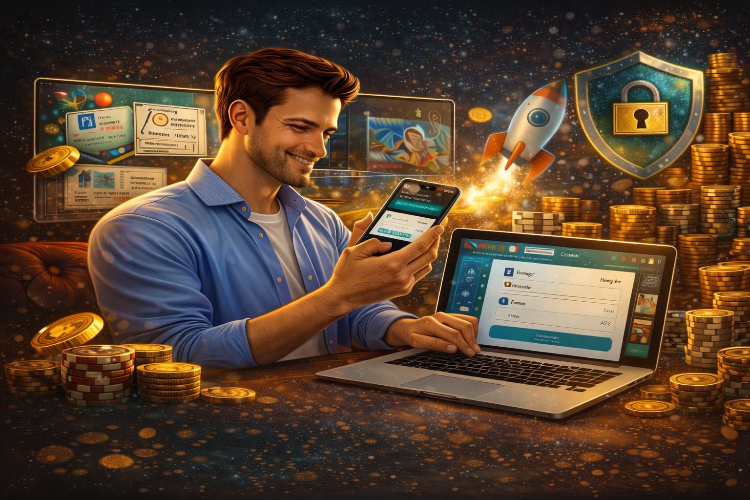 Pin Up Casino qeydiyyat prosesini göstərən horizontal şəkil, istifadəçi telefon və noutbuk vasitəsilə yeni hesab yaradır